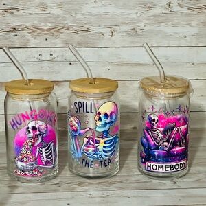 Skeleton-Themed Glass Jars with Bamboo Lids and Straws
